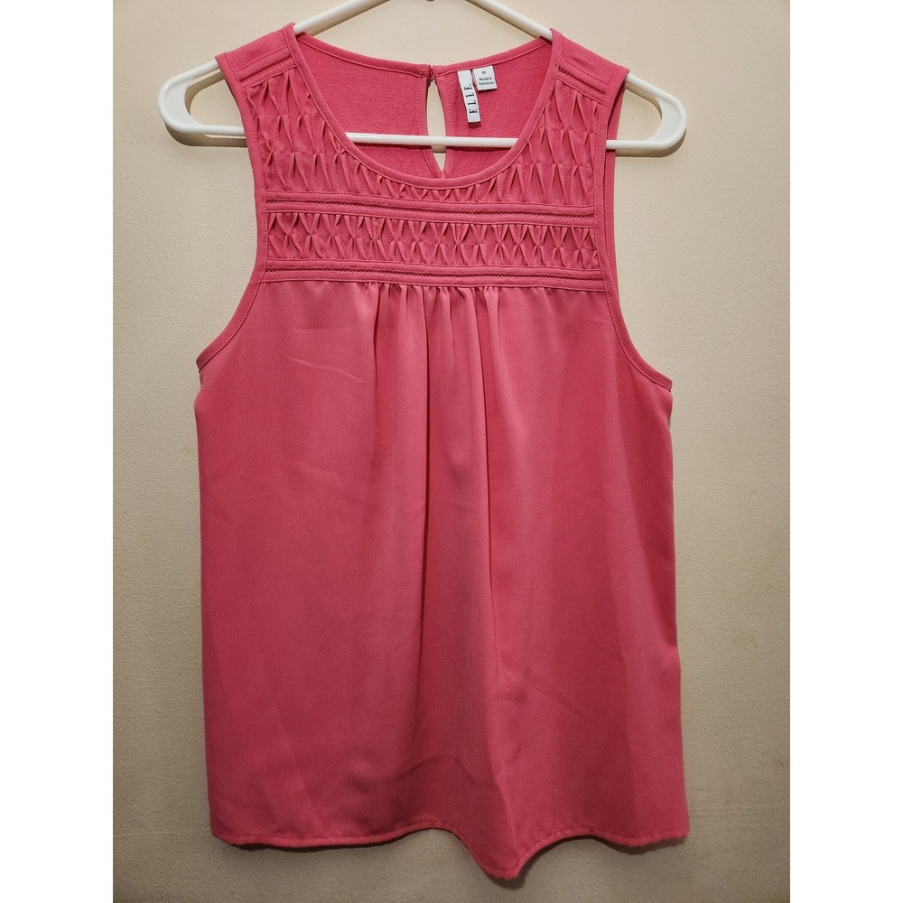Elle Pink Sleeveless Smocked Yoke Flowy Blouse Keyhole Back Tank Top Medium